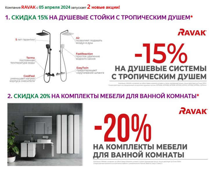 Компания RAVAK с 05 апреля 2024 запускает 2 новые акции!