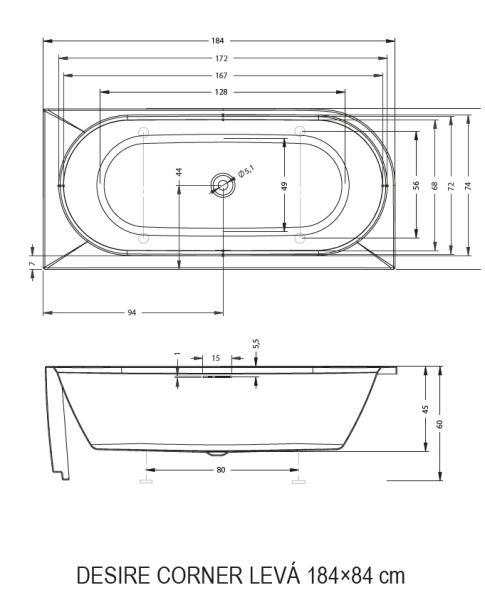 Акриловая ванна Riho Desire Corner Glossy Sparkle System B088003005 L 184x84см с аэромассажем белый