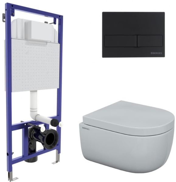 Комплект Berges 4в1 043232: инсталляция NOVUM525 кнопка L5 SoftTouch чёрная унитаз EGO Rimless сиденье Toma SO