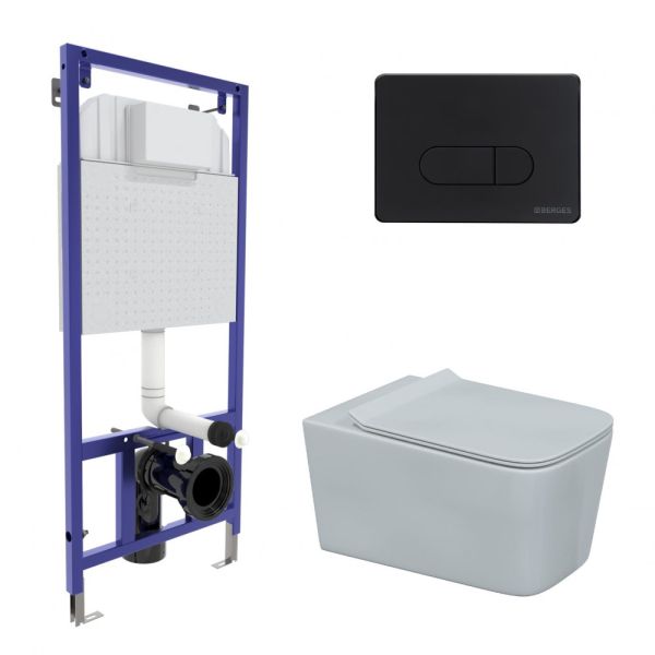 Комплект Berges 043275: инсталляция NOVUM 525 D5 Soft Touch чёрная унитаз Floe Rimless сидение дюропласт Floe Slim SO