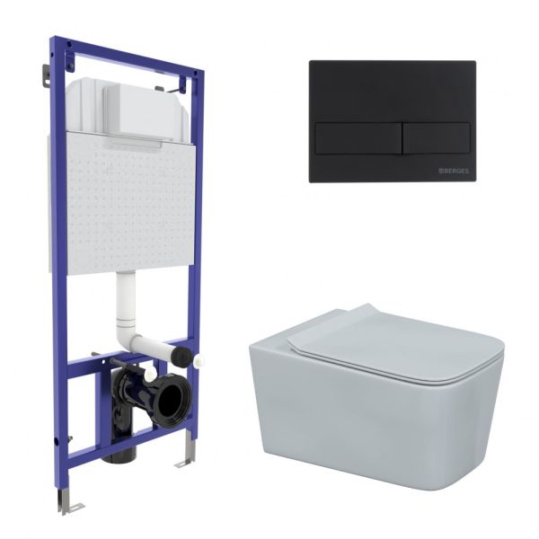 Комплект Berges 043279: инсталляция NOVUM 525 кнопка L5 чёрная Soft Touch унитаз Floe Rimless сидение дюропласт Floe Slim SO