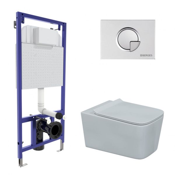 Комплект Berges 043281: инсталляция NOVUM 525 кнопка R2 хром матовый унитаз Floe Rimless сидение дюропласт Floe Slim SO