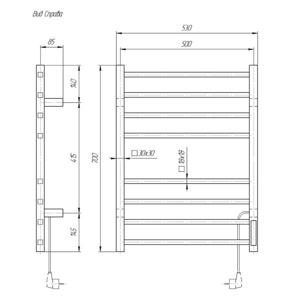 Полотенцесушитель электрический Domoterm Квадро DMT 109-S П8 50x70 TBOX EK R хром
