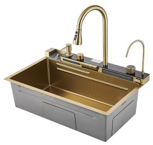 Многофункциональная кухонная мойка Savol S-SC001C с водопадом 75см золото матовое