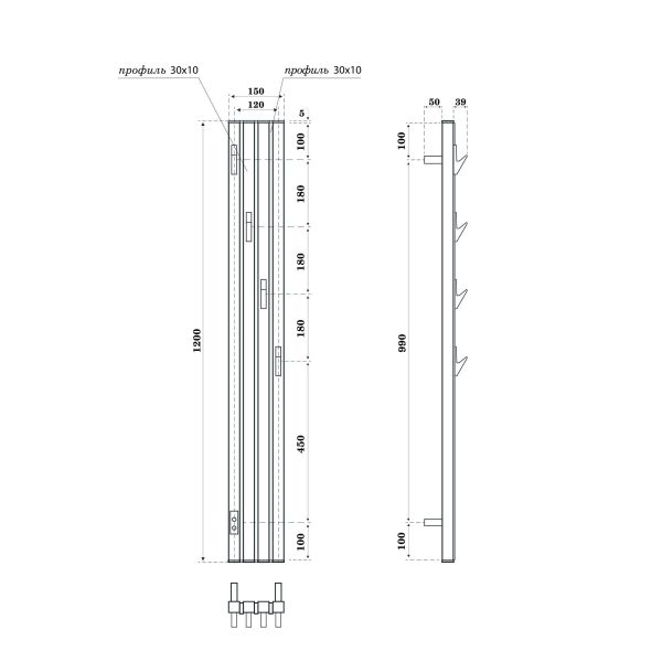 Полотенцесушитель электрический Point Пиано PN19722BC 150x1200 диммер слева черный/хром