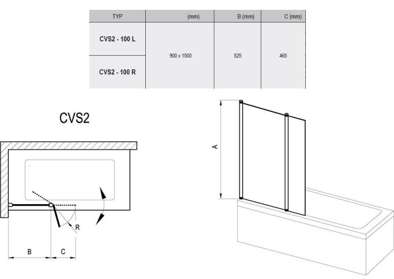 Шторка на ванну Ravak 10° 10CVS2-100 R 7QRA0C03Z1 Transparent профиль хром правый