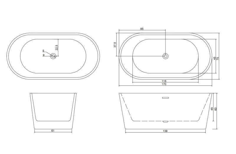 Ванна акриловая Ceruttispa Resia CT10879 170x75 см со сливом-переливом чёрный матовый/белый