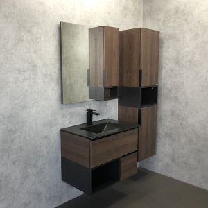 Comforty Тумба-умывальник "Франкфурт-75" дуб шоколадно-коричневый с раковиной COMFORTY 75E черная матовая