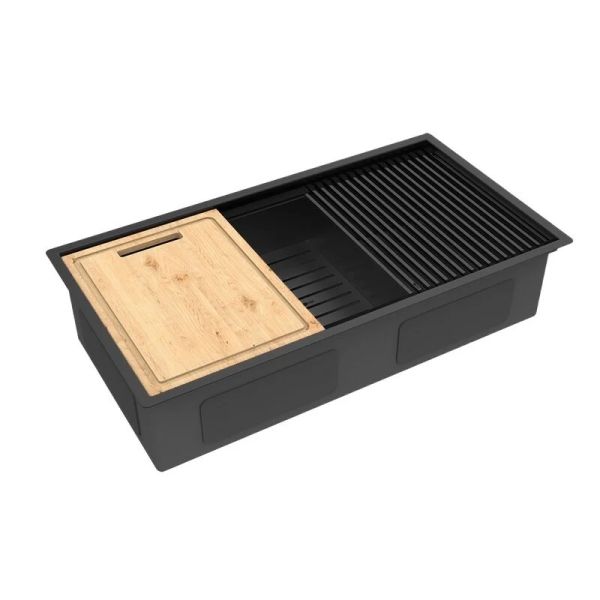Кухонная мойка Lemark Tabaga 820 9932136 в комплекте с разделочной доской ролл-матом и коландером чёрный матовый