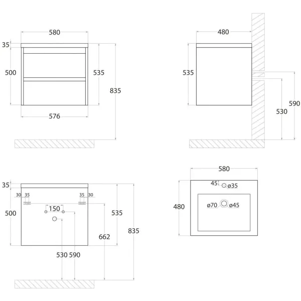 Тумба под раковину ArtMax Family Family-M-580-2C-SO-HC 60 см угольный камень