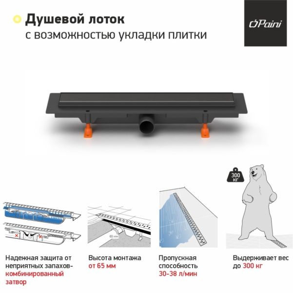 Душевой лоток Paini Klasik CH450KC 45см чёрный матовый