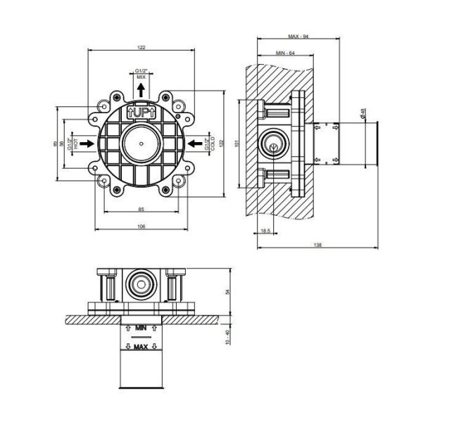 Скрытая часть однорычажного смесителя на одну позицию Gessi 54055.239
