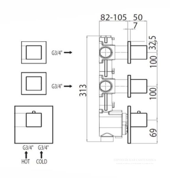 Скрытая часть термостата Bossini Z030203000 на три потребителя