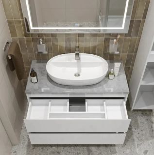 Тумба со столешницей и накладной раковиной Belbagno Kraft KRAFT100BO-KEPMGL-1346-SET 100 см белый матовый