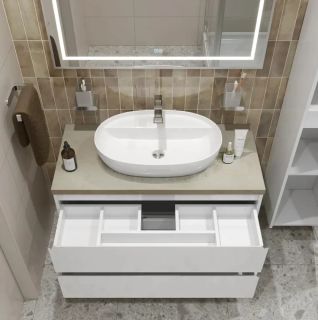 Тумба со столешницей и накладной раковиной Belbagno Kraft KRAFT100BO-KEPMCO-1346-SET 100 см белый матовый