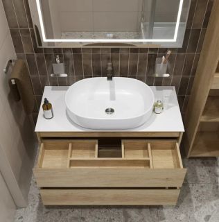 Тумба со столешницей и накладной раковиной Belbagno Kraft KRAFT100RNN-KEPBO-1084-SET 100 см светлое дерево