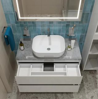Тумба со столешницей и накладной раковиной Belbagno Kraft KRAFT100BO-KEPMGL-1302-SET 100 см белый матовый