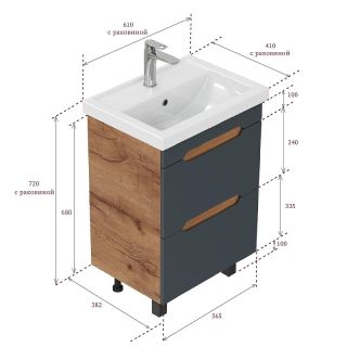 Тумба под раковину напольная Onika Айленд 106164 60 см графит/дуб крафт золотой