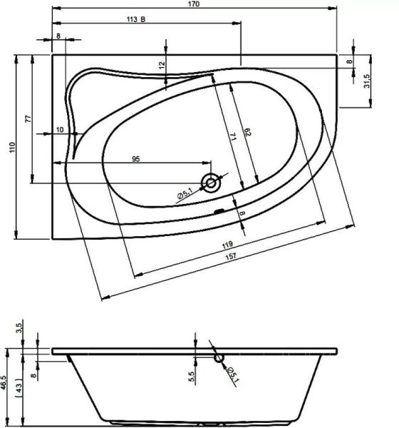 Акриловая ванна Riho Lyra B017001005 R 170х110см белый
