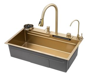 Многофункциональная кухонная мойка Savol S-SC003C с водопадом 75см золото матовое