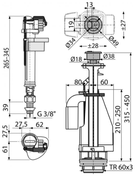 Выпускной комплект с двойной кнопкой AlcaPlast впускной механизм А17 3/8 SA08AS 3/8" CHROM Выпускной комплект с двойной кнопкой AlcaPlast впускной механизм А17 3/8 SA08AS 3/8" CHROM