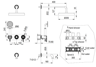 Смеситель встроенный Boheme + верхний + ручной душ + излив, ETERNA COPPER BRUSHED брашированная медь