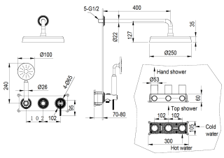 Смеситель встроенный Boheme + верхний+ ручной душ, ETERNA GOLD золото