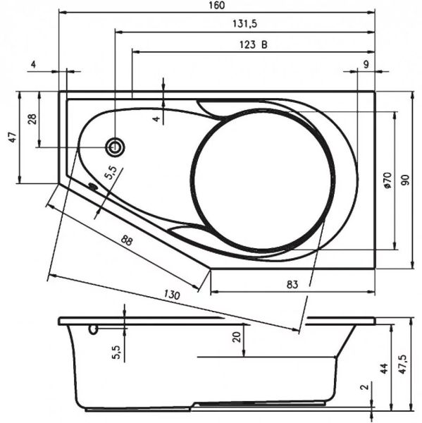 Акриловая ванна Riho Yukon B009001005 L 160х90см белый