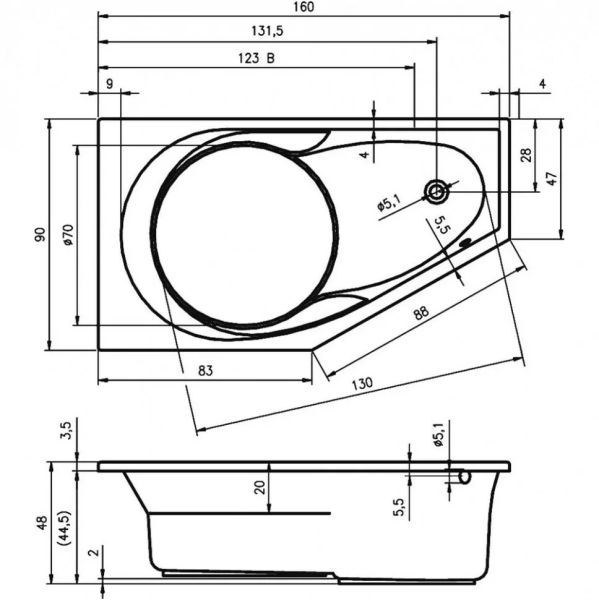 Акриловая ванна Riho Yukon B008001005 R 160х90см белый