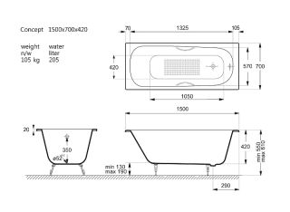 Ванна чугунная Vinsent Veron Concept VCO1507042H/VH0015GD-AS  с дугообразными золотыми  ручками 150х70 см
