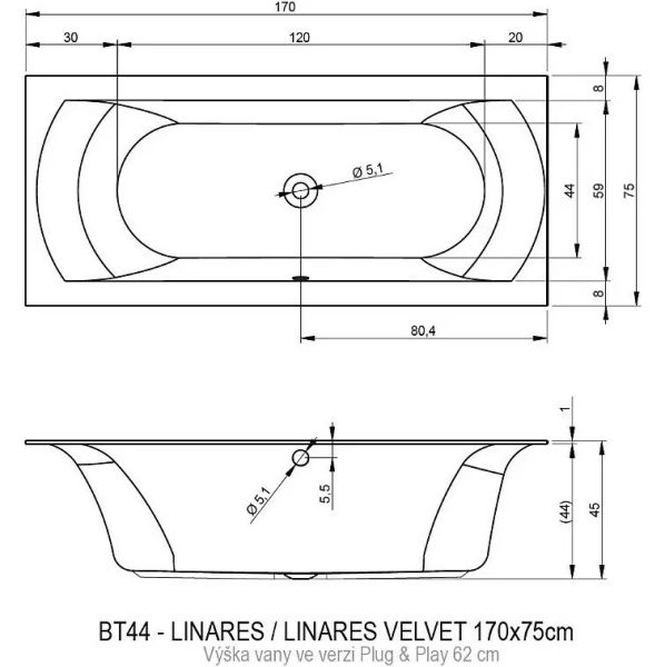 Акриловая ванна Riho Linares Plug and Play B141010005 R 170х75см белый