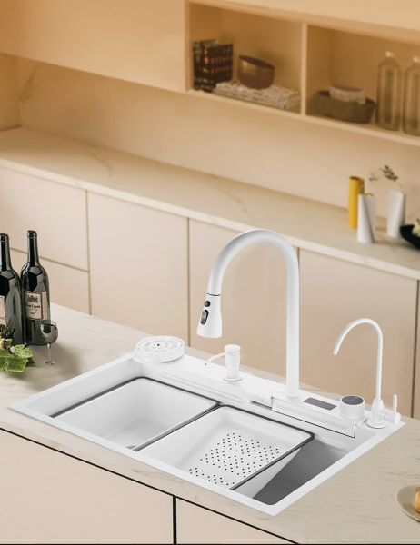 Многофункциональная кухонная мойка Savol S-SC002W с водопадом 75см белый