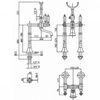 Напольный смеситель для ванны, с кронштейном для слива-перелива, золото Cezares FIRST-VDPS-03/24-Bi