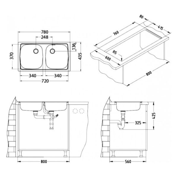 Кухонная мойка Alveus 1049232 Basic 160 Nat-90 78x43.5