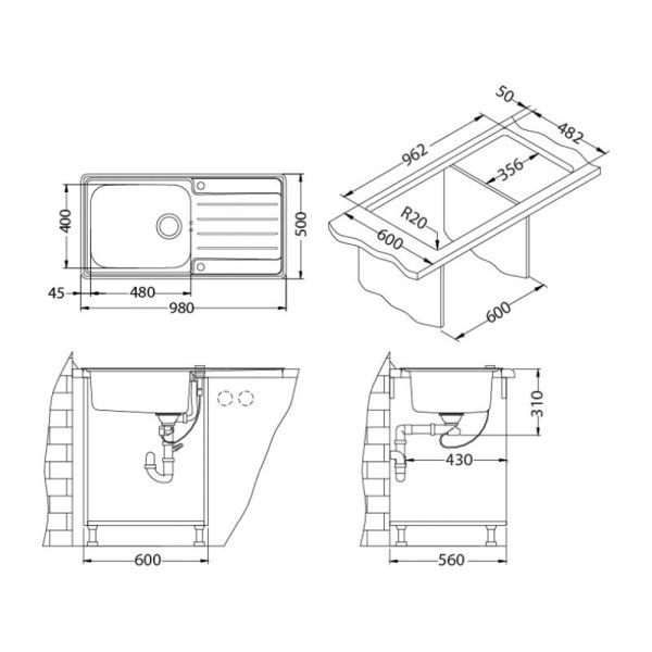 Кухонная мойка Alveus 1085977 Praktik 100 Sat-90 98x50
