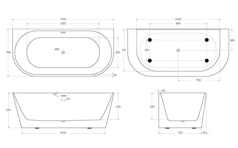 Акриловая ванна BelBagno BB710-1700-800 без гидромассажа 170x79 см