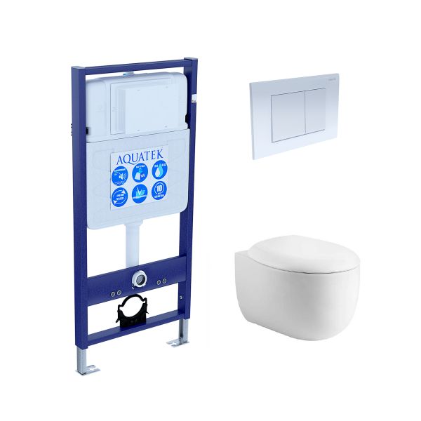 Комплект унитаза с инсталляцией Aquatek Set Aquatek Альтаир cm-009 4в1 с сиденьем Микролифт и Белой клавишей смыва