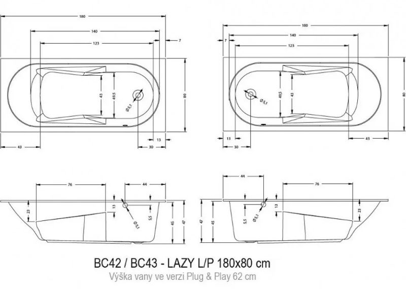 Акриловая ванна Riho Lazy Plug and Play B083005005 L 180х80см белый