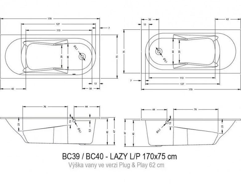 Акриловая ванна Riho Lazy Plug and Play B080005005 L 170х75см белый