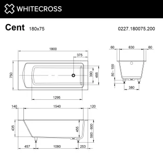 Ванна Whitecross Cent 0227.180075.200 180 х 75 см искусственный камень белая матовая