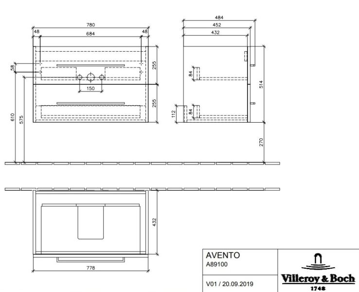 Тумба под раковину Villeroy Boch Avento A89100VH подвесная