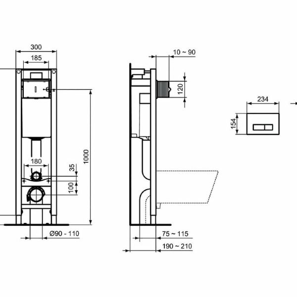 Инсталляция с подвесным унитазом Ideal Standard W220101 с сиденьем Микролифт без клавиши смыва