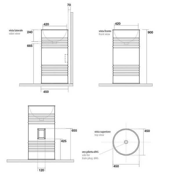 Раковина напольная Kerasan Artwork Barrel 474331 45см слив в стену чёрный матовый