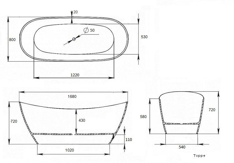 Ванна из искусственного камня AquaStone Торре 168x80см белый