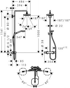 Душевая стойка Hansgrohe Croma Select E 180 2 Jet Showerpipe 27256400 с термостатом