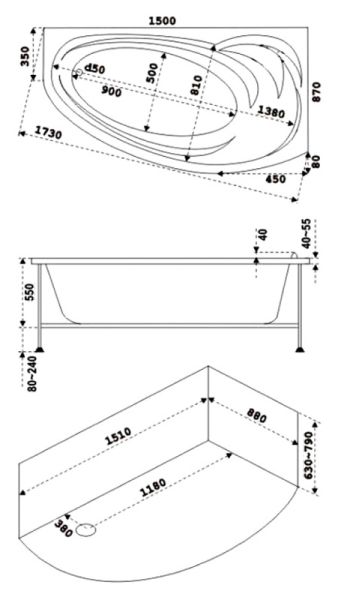 Акриловая ванна Bas Фэнтази 150x88 см правая без гидромассажа