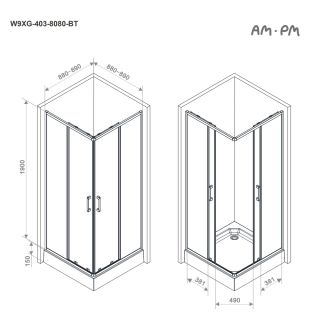 Душевой уголок Am.Pm Above W9XG-403-9090-BT 90x90 см профиль чёрный матовый стекло прозрачное