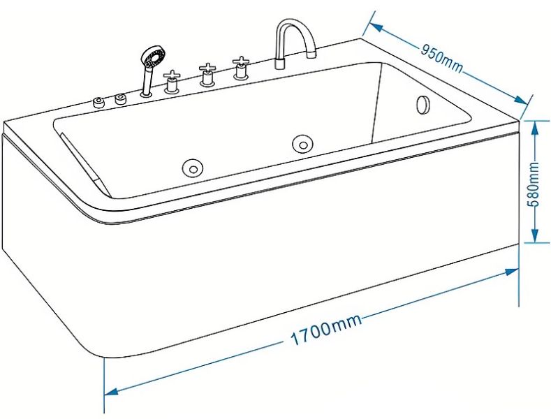 Акриловая ванна Grossman GR-17095-1R 170x95см с гидромассажем правосторонняя