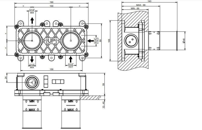Скрытая часть смесителя для душа на два выхода Gessi 54073.239