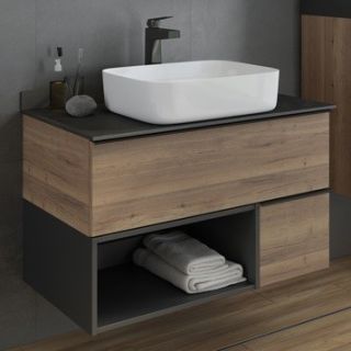Тумба-умывальник COMFORTY Штутгарт-90 00-00002868, дуб тёмно-коричневый с черной столешницей c раковиной COMFORTY T-Y9378